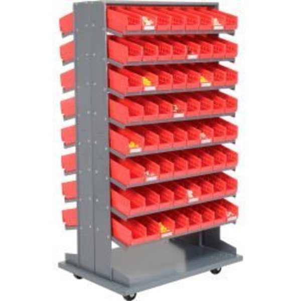 Global Equipment 16 Shelf Double-Sided Mobile Pick Rack - 128 Red Plastic Shelf Bins 4" Wide 603428RD